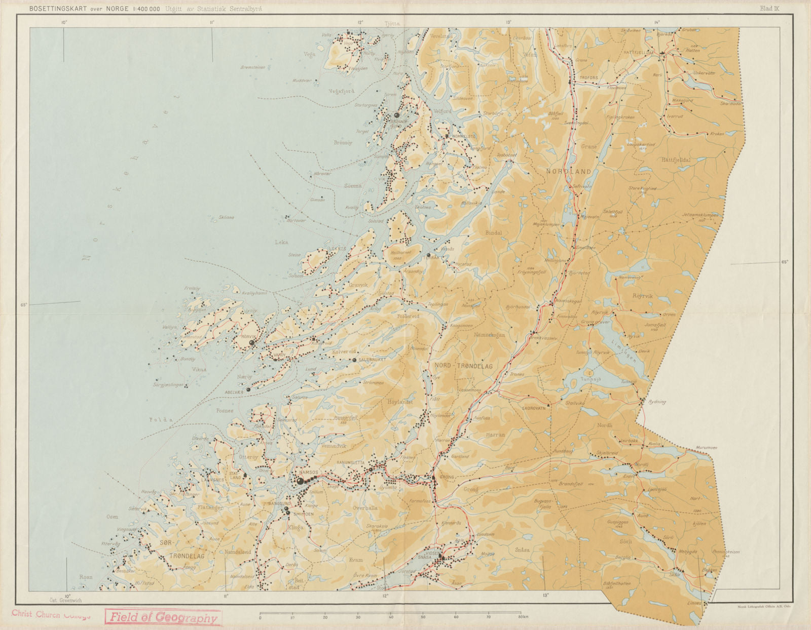 Norway Norge settlements. Brönnöysund Namsos Trondelag Nordland 48x62cm 1950 map